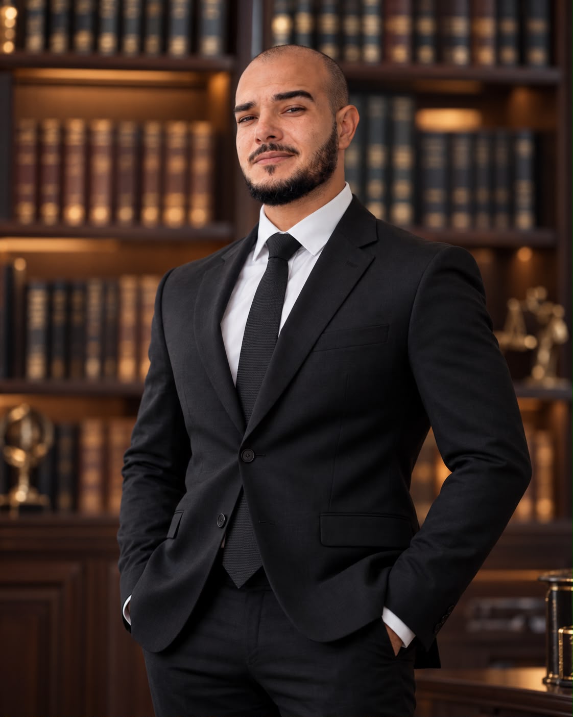 Lucas Santana em frente a uma estante de livros jurídicos
